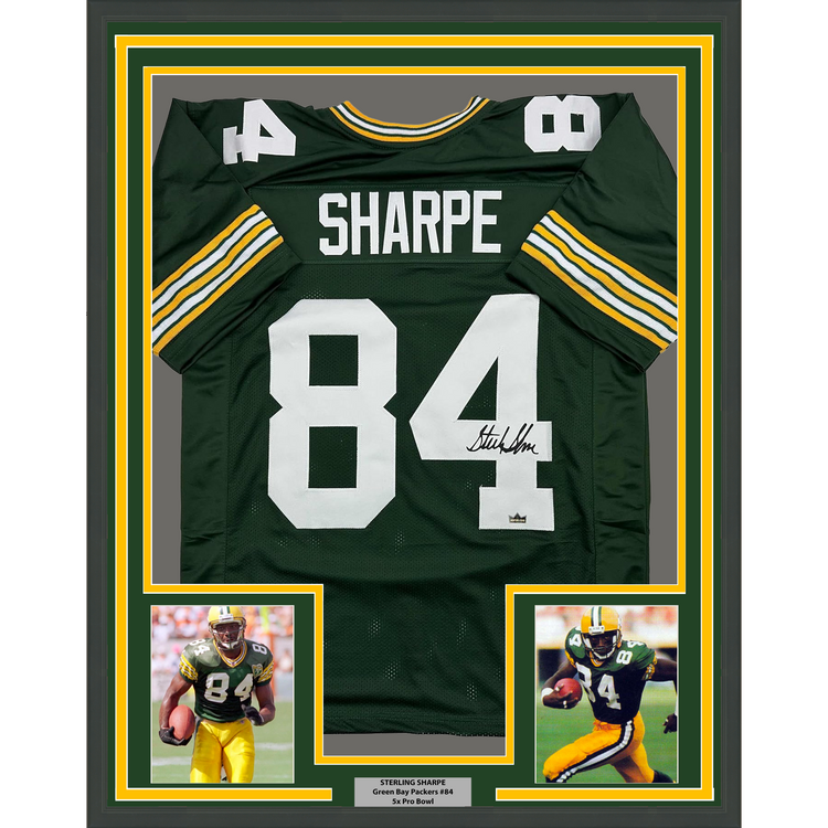 Framed Facsimile Autographed Sterling Sharpe 35x39 Green Bay Green Reprint Laser Auto Football Jersey