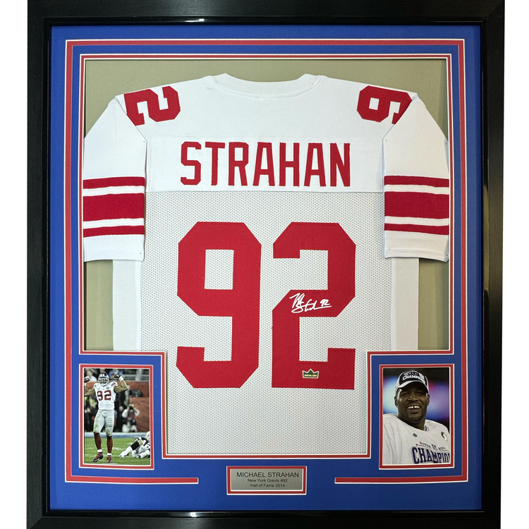 Framed Facsimile Autographed Michael Strahan 35x39 New York White Reprint Laser Auto Football Jersey