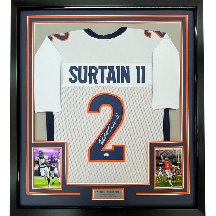 Framed Autographed/Signed Patrick Surtain II 35x39 Denver White Football Jersey JSA COA