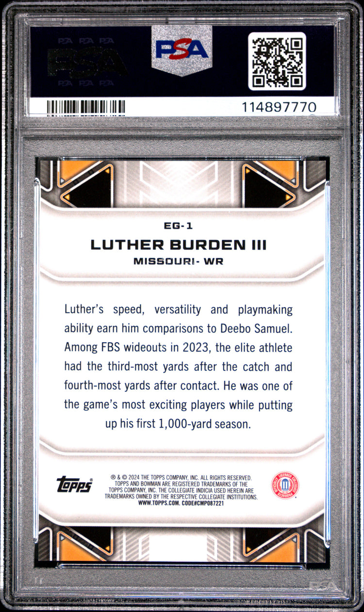 Graded 2024 Topps Bowman Best University Luther Burden III #EG1 Elements of the Game Geometric Refractor Rookie RC Football Card PSA 10 Gem Mint