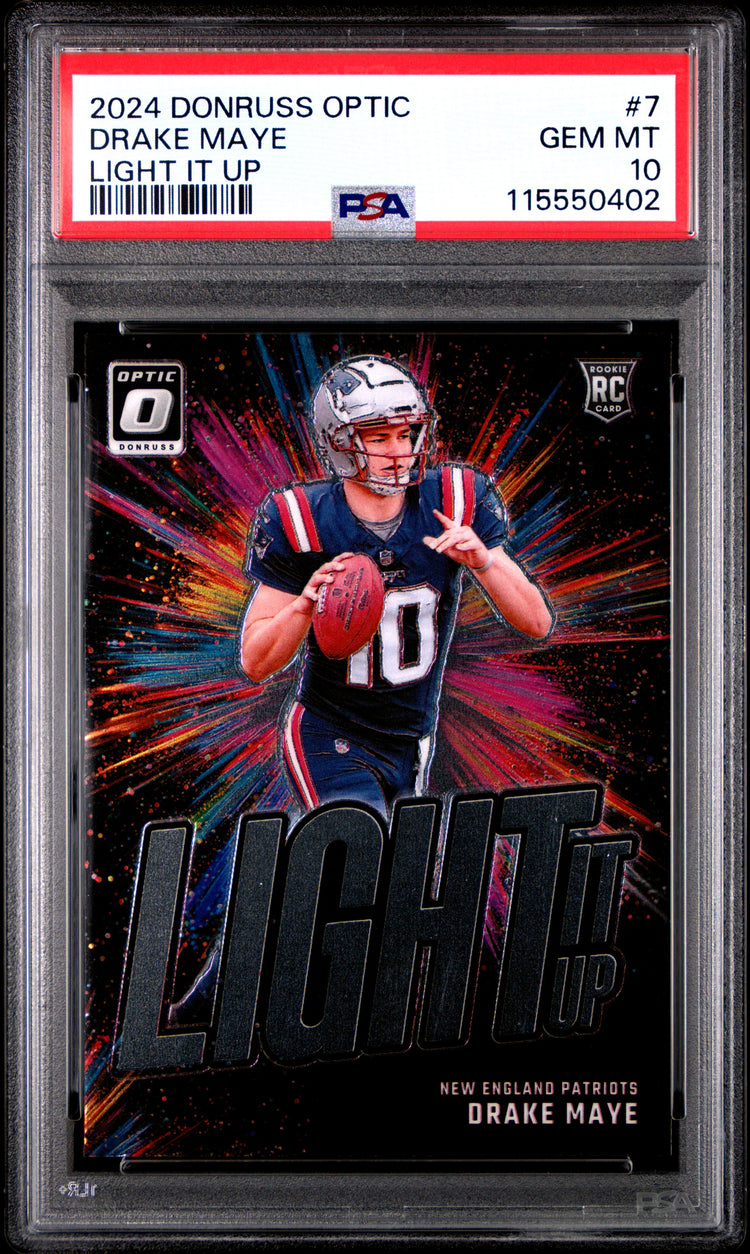 Graded 2024 Panini Donruss Optic Drake Maye #7 Light It Up Rookie RC Football Card PSA 10 Gem Mint