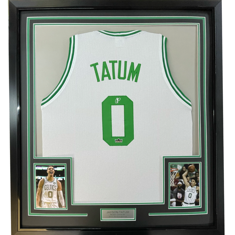Framed Facsimile Autographed Jayson Tatum 35x39 Boston White Reprint Laser Auto Basketball Jersey