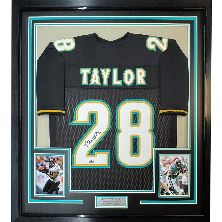 Framed Facsimile Autographed Fred Taylor 35x39 Jacksonville Black Reprint Laser Auto Football Jersey