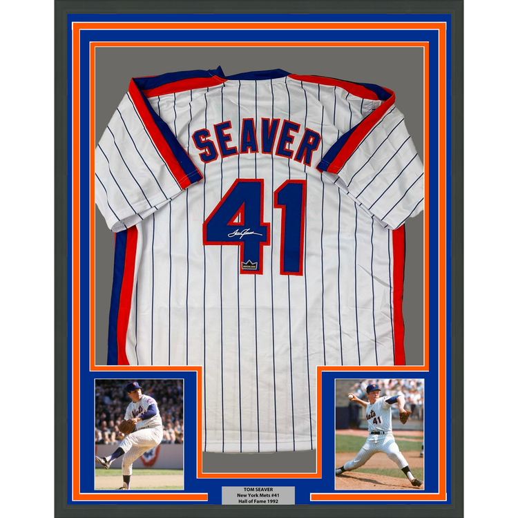 Framed Facsimile Autographed Tom Seaver 35x39 New York Pinstripe Reprint Laser Auto Baseball Jersey