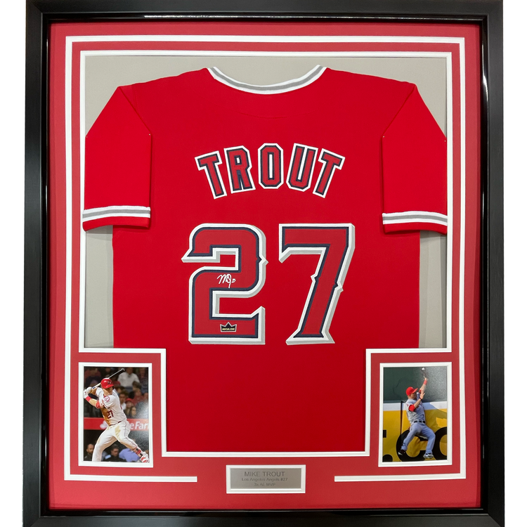 Framed Facsimile Autographed Mike Trout 35x39 Los Angeles LA Anaheim Red Reprint Laser Auto Baseball Jersey