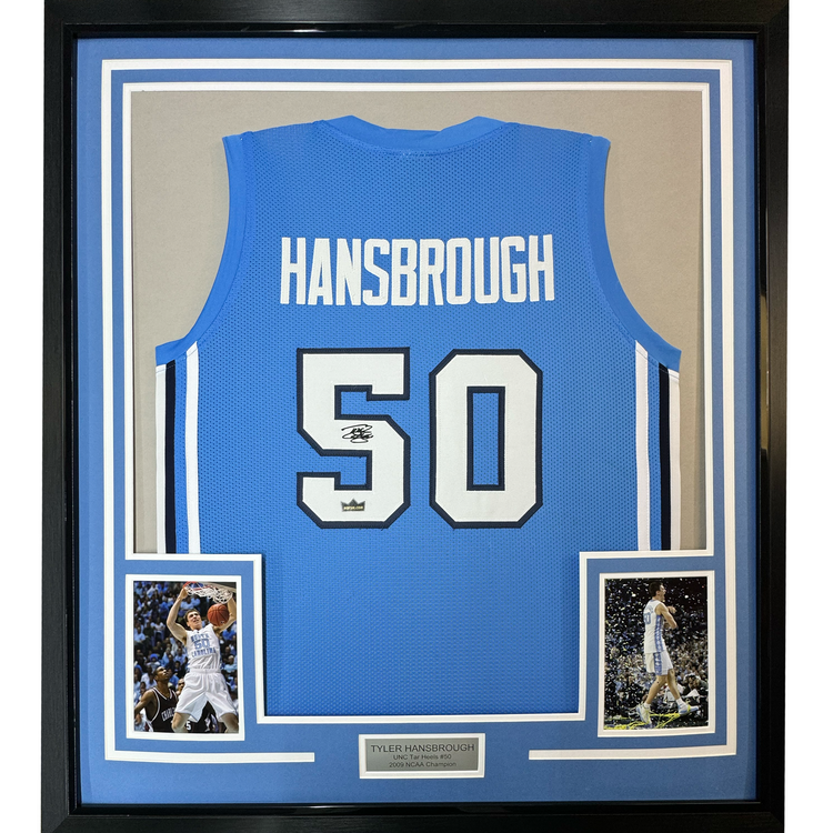 Framed Facsimile Autographed Tyler Hansbrough 35x39 UNC North Carolina Blue Reprint Laser Auto College Basketball Jersey
