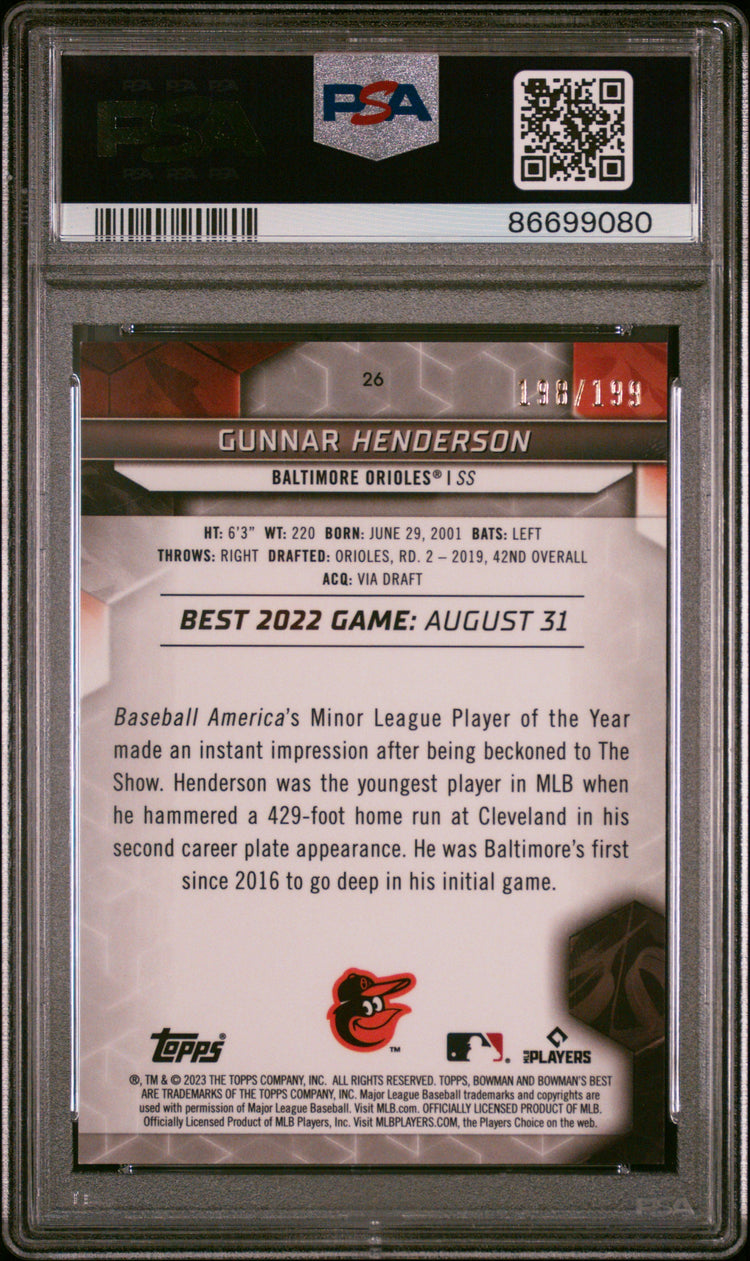 Graded 2023 Topps Bowmans Best Gunnar Henderson #26 Aqua Lava #/199 Rookie RC Baseball Card PSA 9 Mint