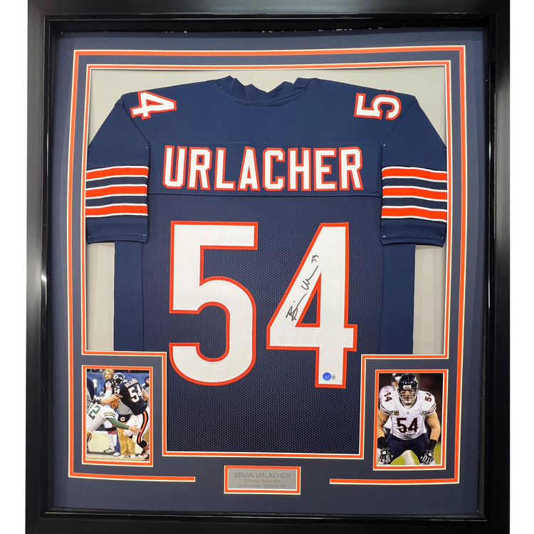 Framed Autographed/Signed Brian Urlacher 35x39 Chicago Bears Blue Football Jersey Beckett BAS COA