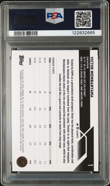 Graded 2023 Topps Chrome Purple Refractor Victor Wembanyama #1 /349 Rookie RC Basketball Card PSA 10 Gem Mint