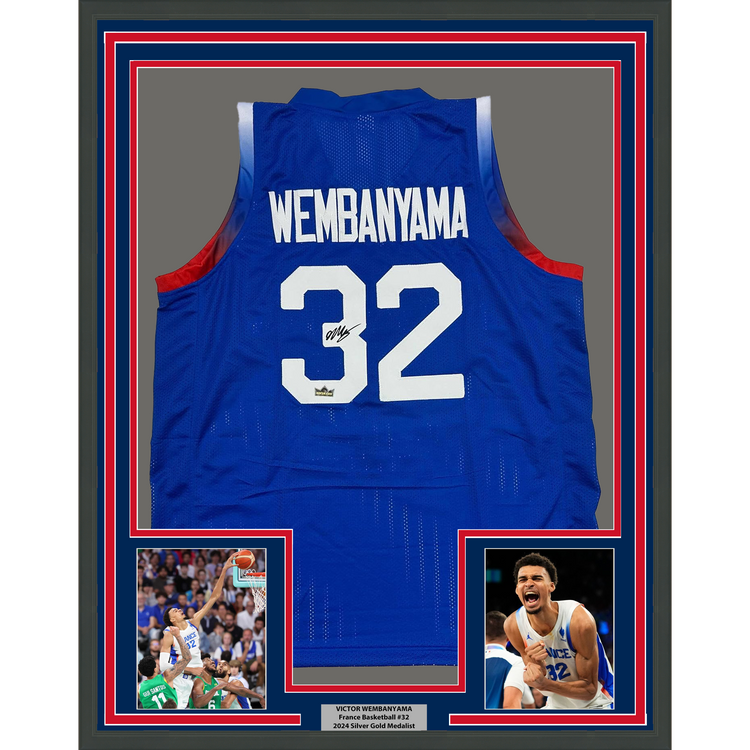 Framed Facsimile Autographed Victor Wembanyama 35x39 France Blue Reprint Laser Auto Basketball Jersey