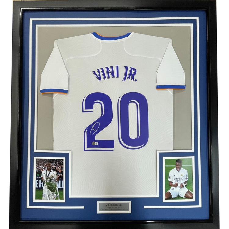 Framed Autographed/Signed Vini Vinicius Jr. 35x39 Real Madrid White Soccer Jersey Beckett BAS COA