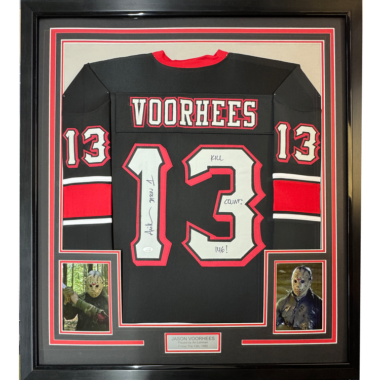 Framed Autographed/Signed Ari Lehman Jason Voorhees 35x39 Friday The 13th Black Movie Jersey JSA COA