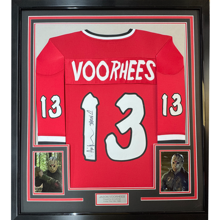 Framed Autographed/Signed Ari Lehman Jason Voorhees 35x39 Friday The 13th Red Movie Jersey Steiner CX COA