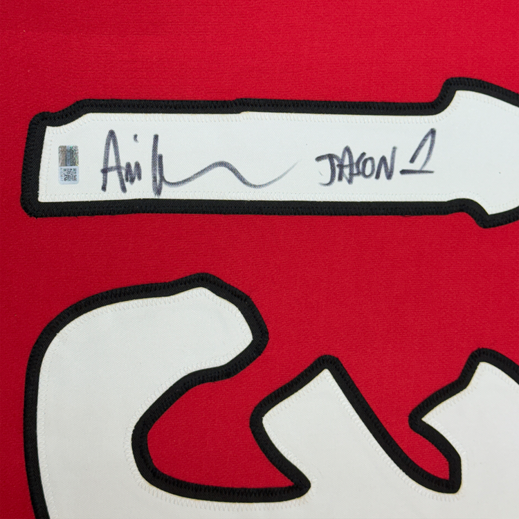 Framed Autographed/Signed Ari Lehman Jason Voorhees 35x39 Friday The 13th Red Movie Jersey Steiner CX COA