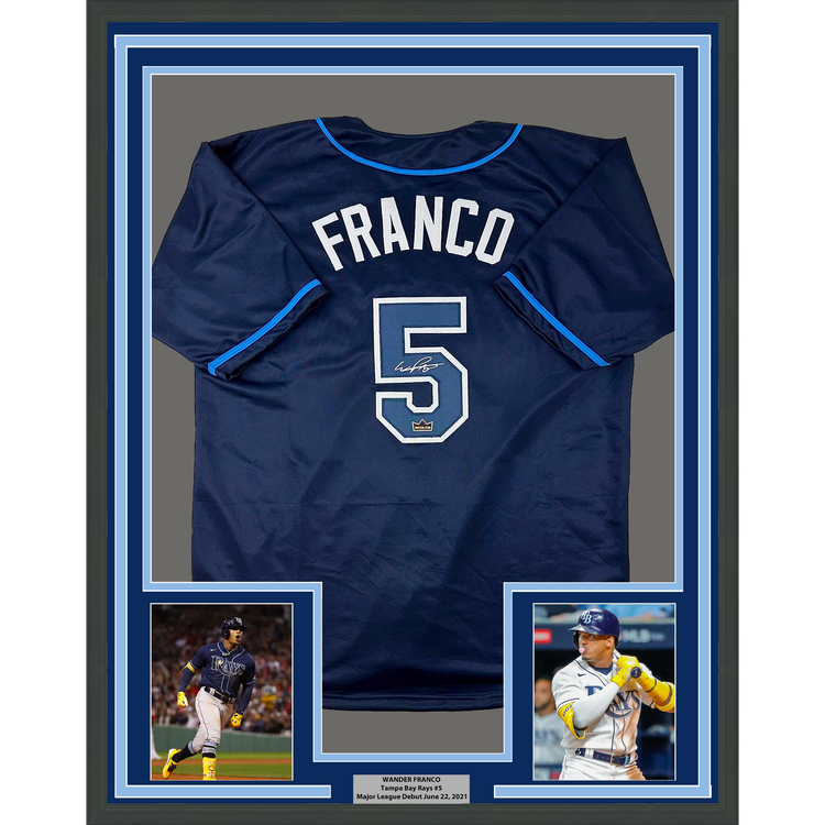 Framed Facsimile Autographed Wander Franco 35x39 Tampa Bay Navy Blue Reprint Laser Auto Baseball Jersey