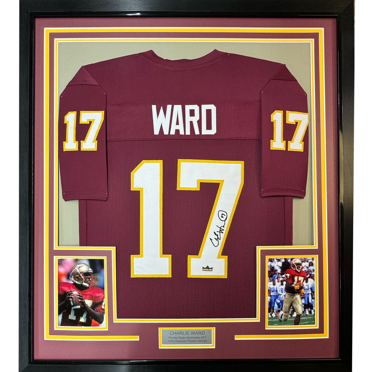 Framed Facsimile Autographed Charlie Ward 35x39 Florida State Maroon Reprint Laser Auto College Football Jersey