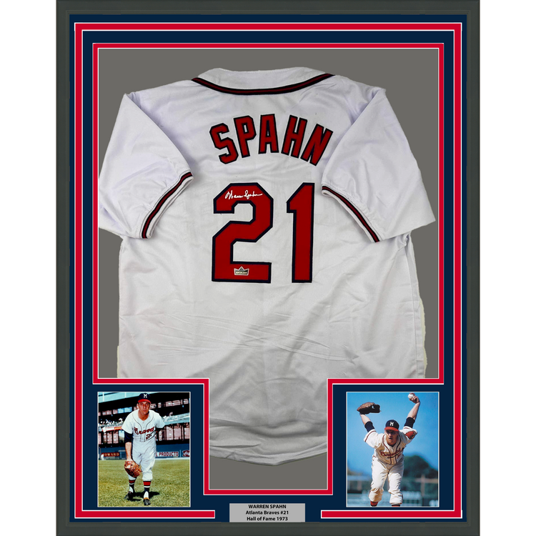 Framed Facsimile Autographed Warren Spahn 35x39 Atlanta White Reprint Laser Auto Baseball Jersey