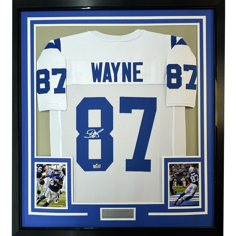 Framed Facsimile Autographed Reggie Wayne 35x39 Indianapolis White Reprint Laser Auto Football Jersey