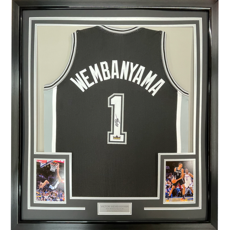 Framed Facsimile Autographed Victor Wembanyama 35x39 San Antonio Black Reprint Laser Auto Basketball Jersey