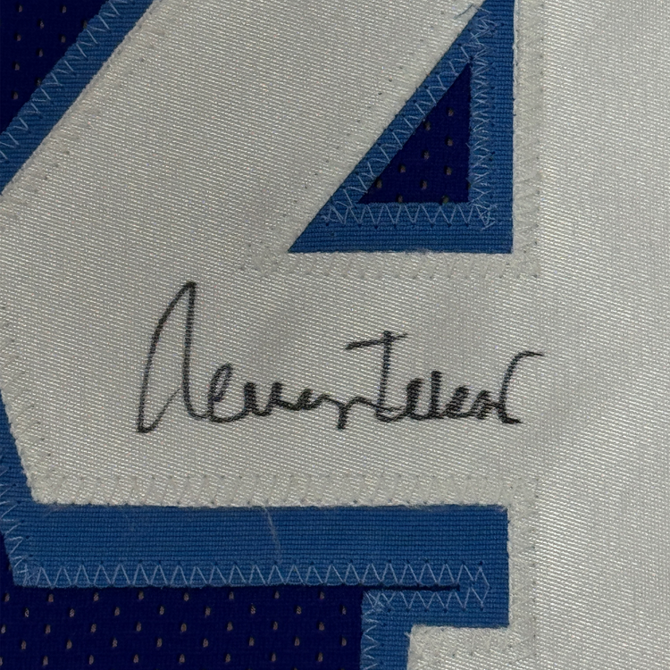 Framed Autographed/Signed Jerry West 35x39 Los Angeles LA Blue Retro Basketball Jersey JSA COA
