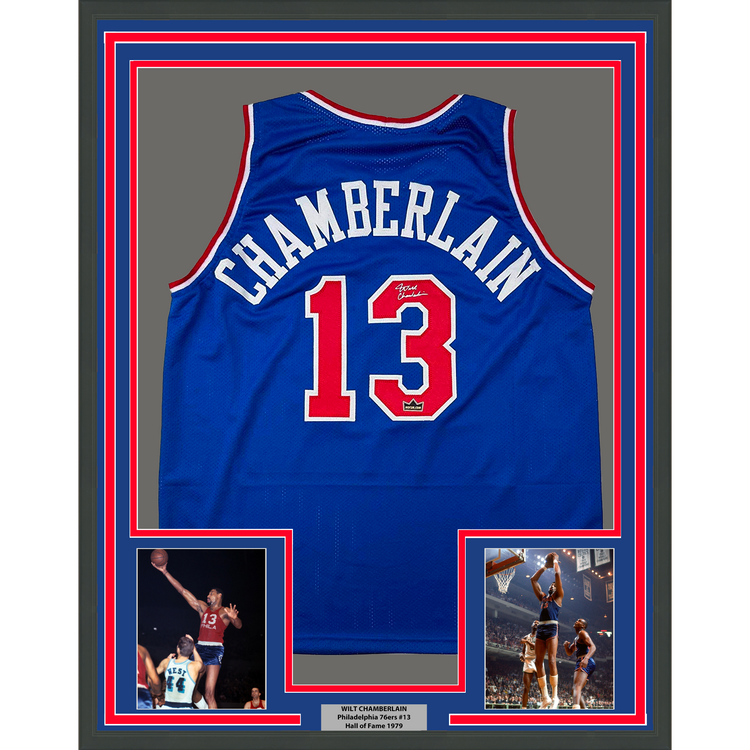 Framed Facsimile Autographed Wilt Chamberlain 35x39 Philadelphia Blue Reprint Laser Auto Basketball Jersey