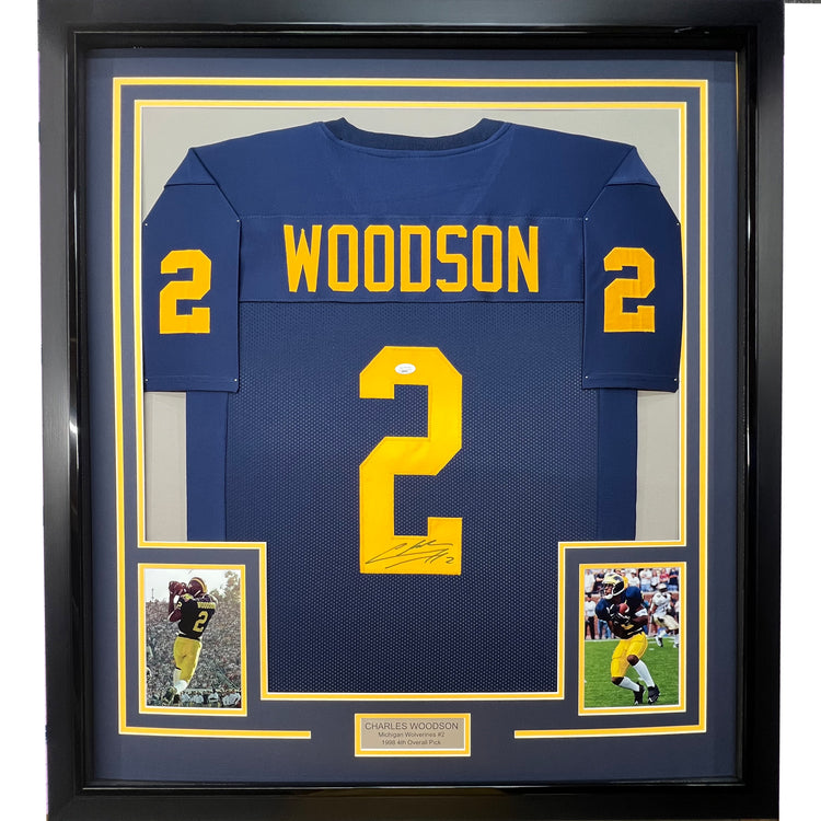 Framed Autographed/Signed Charles Woodson 35x39 Michigan Blue College Football Jersey JSA COA