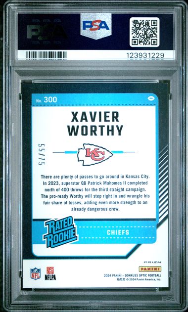 Graded 2024 Donruss Optic Xavier Worthy #300 Electricity /75 Rookie RC Football Card PSA 9 Mint