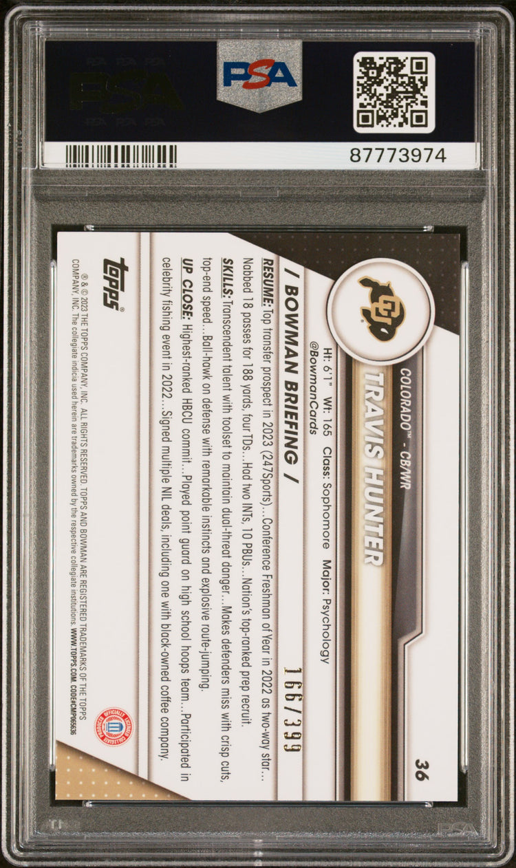 Graded 2023 Topps Bowman U Chrome Travis Hunter #36 Purple Diamond #/399 Rookie RC Football Card PSA 10 Gem Mint