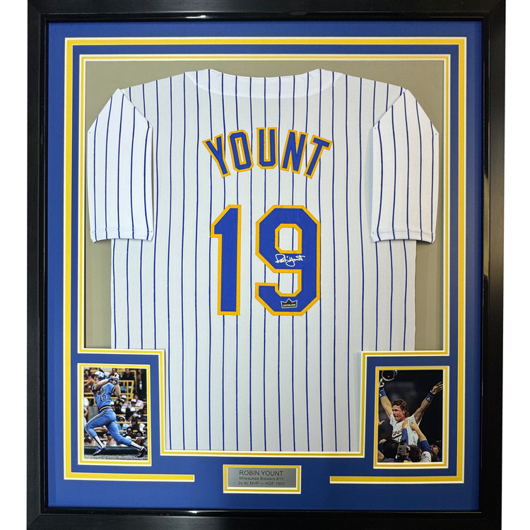 Framed Facsimile Autographed Robin Yount 35x39 Milwaukee Pinstripe Reprint Laser Auto Baseball Jersey