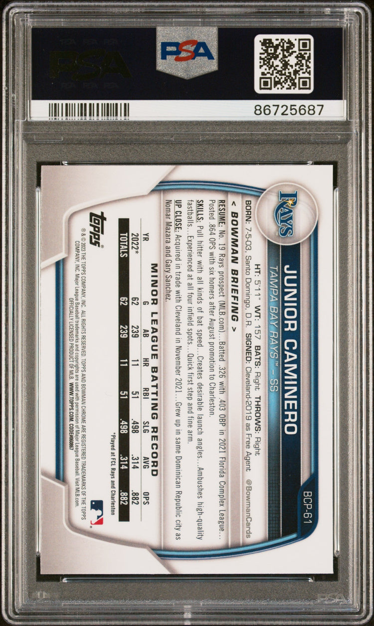 Graded 2023 Topps Bowman Chrome M/B Junior Caminero #61 Chrome Rookie RC Baseball Card PSA 10 Gem Mint