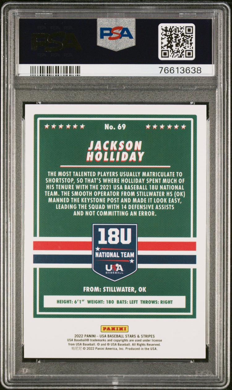 Graded 2021 Panini Stars & Stripes USA Jackson Holliday #69 Longevity Base Rookie RC Baseball Card PSA 10 Gem Mint