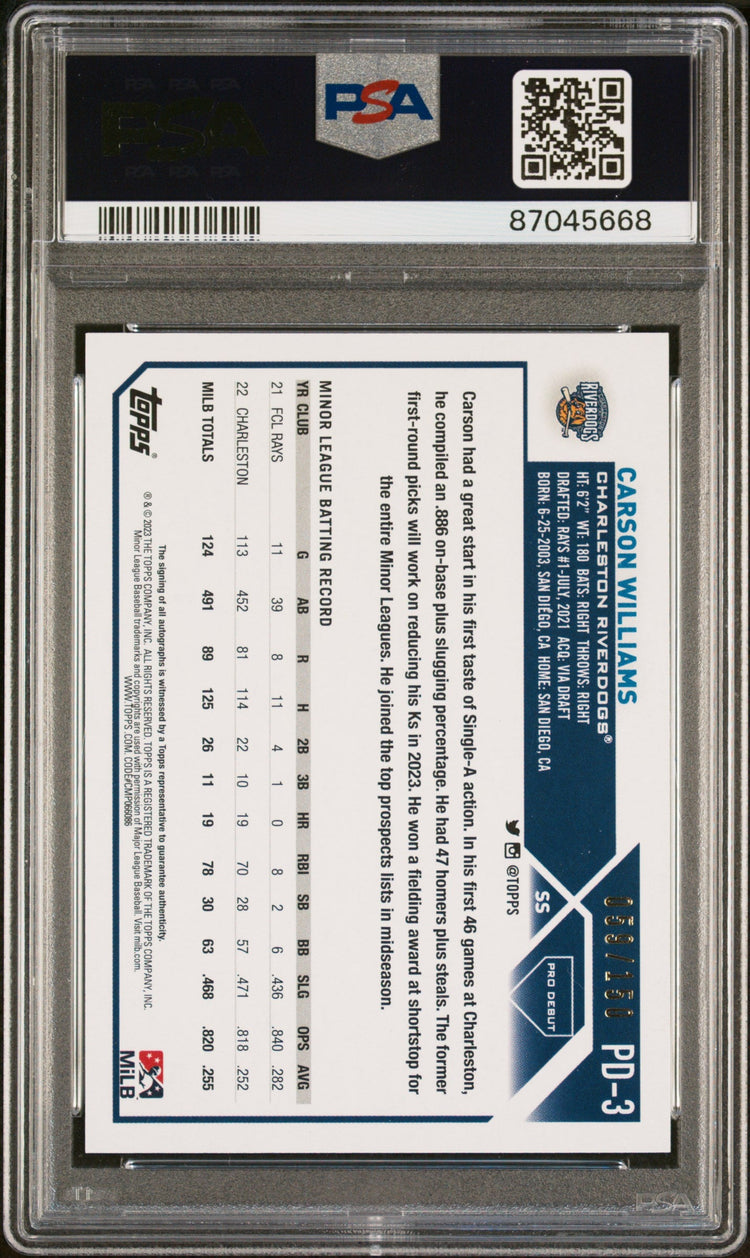 Graded 2023 Topps Pro Debut Carson Williams #PD3 Blue Foil Auto #/150 Rookie RC Baseball Card PSA 10 Gem Mint