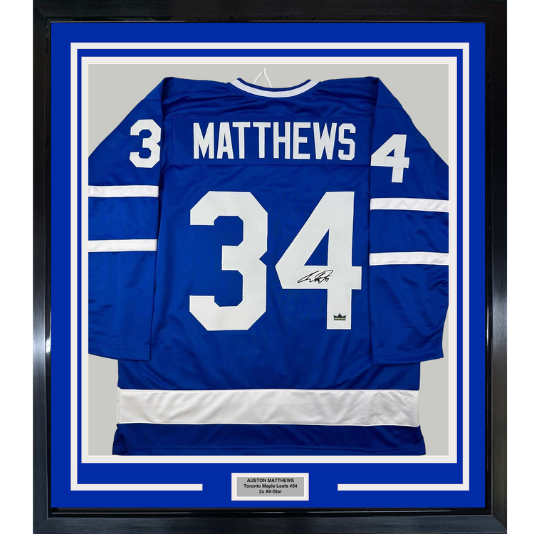 Framed Facsimile Autographed Auston Matthews 35x39 Toronto Blue Reprint Laser Auto Hockey Jersey