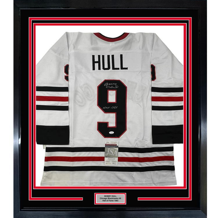 Framed Autographed/Signed Bobby Hull 35x39 HOF 1983 Chicago White Hockey Jersey JSA COA