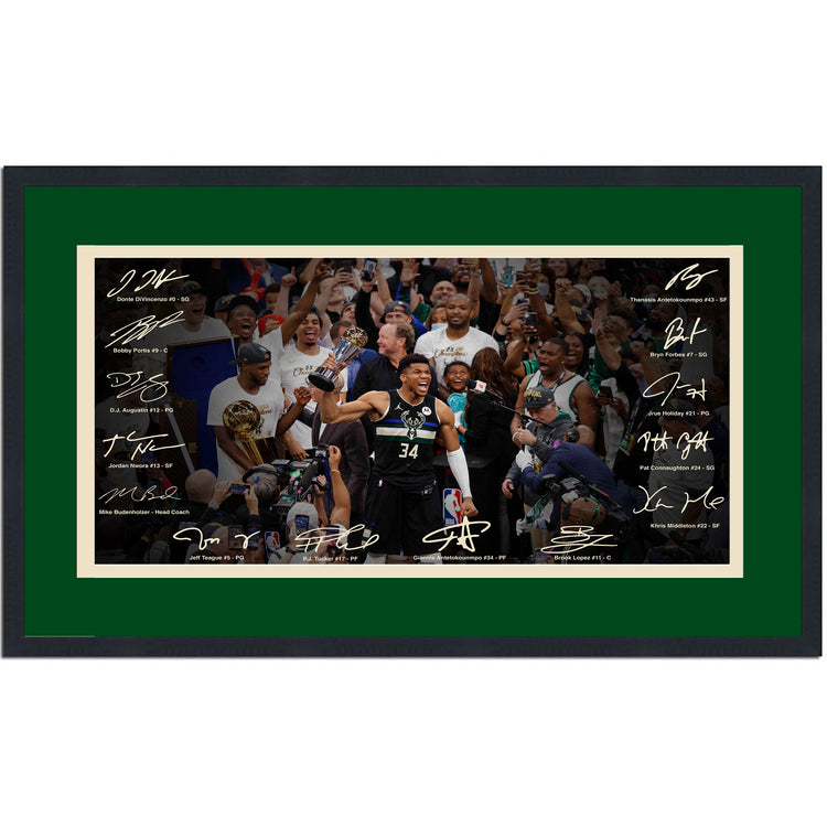 Framed Milwaukee Bucks 2021 NBA Champions Facsimile Signature Team Auto 16x24 Basketball Photo