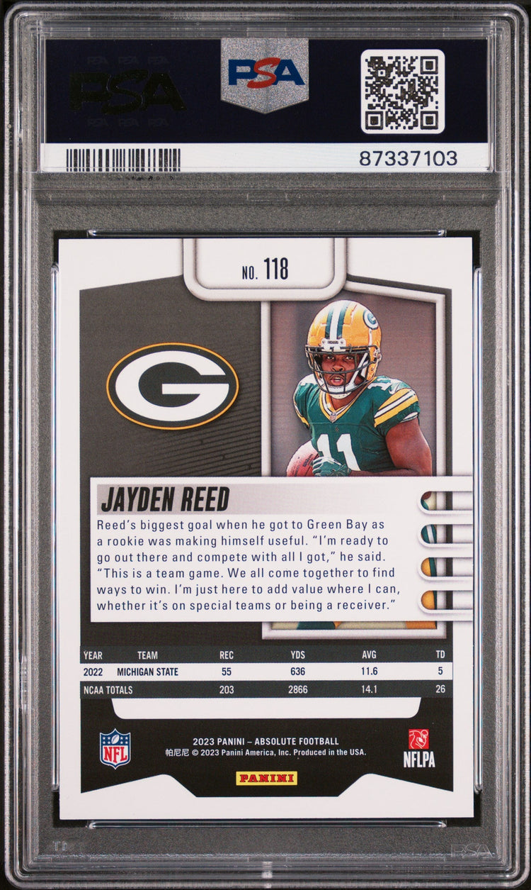 Graded 2023 Panini Absolute Jayden Reed #118 Rookie RC Football Card PSA 10 Gem Mint