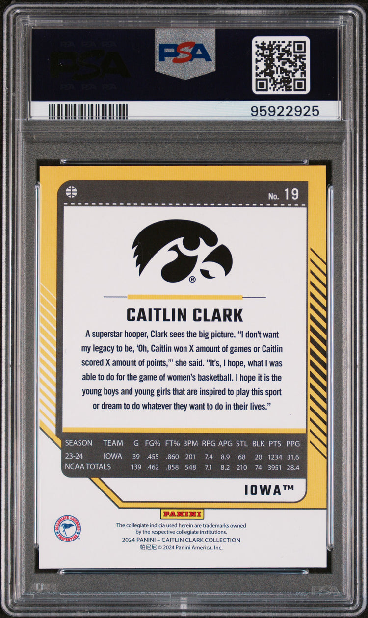 Graded 2024 Panini Caitlin Clark Collection Caitlin Clark #19 Donruss Panini Rookie RC Basketball Card PSA 10 Gem Mint
