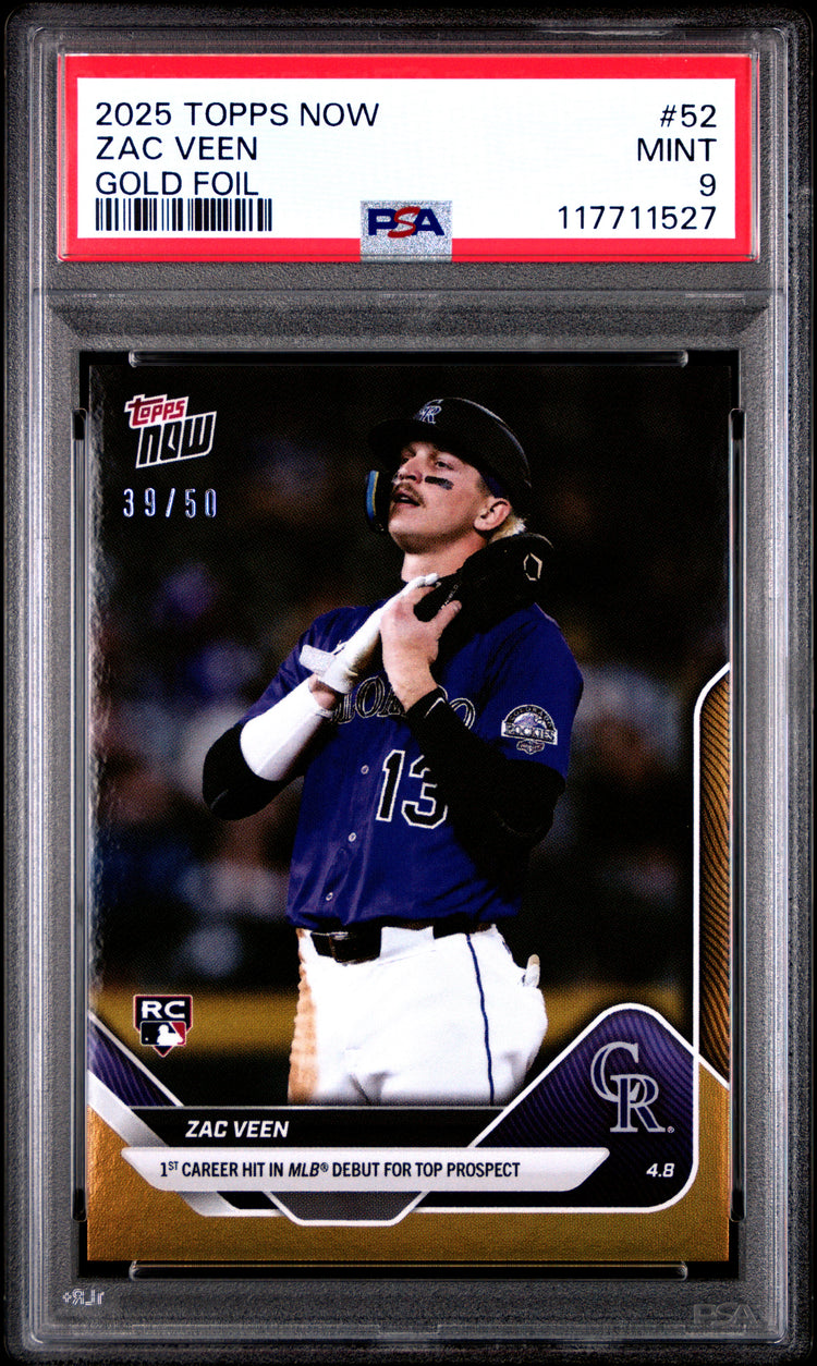 Graded 2025 Topps Now Zac Veen #52 Gold Foil /50 Rookie RC Baseball Card PSA 9 Mint