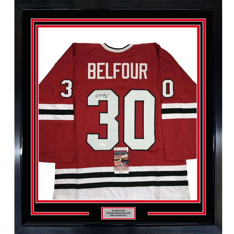 Framed Autographed/Signed Ed Belfour 35x39 Chicago Red Hockey Jersey JSA COA