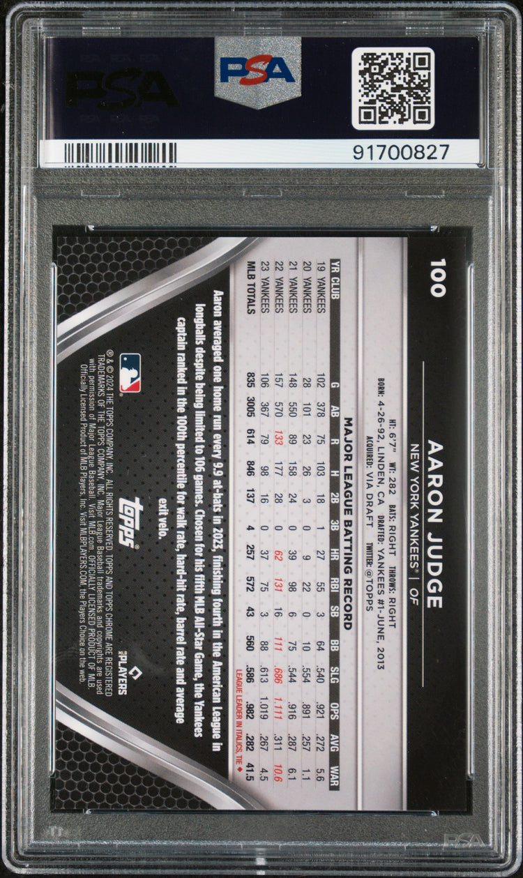 Graded 2024 Topps Chrome Black Aaron Judge #100 Blue Lava #/75 Baseball Card PSA 10 Gem Mint