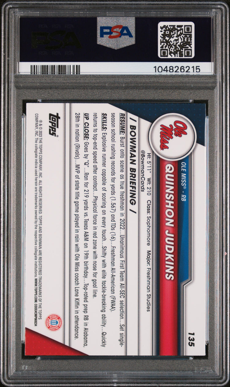 Graded 2023 Topps Bowman U Sapphire Quinshon Judkins #135 Rookie RC Football Card PSA 10 Gem Mint