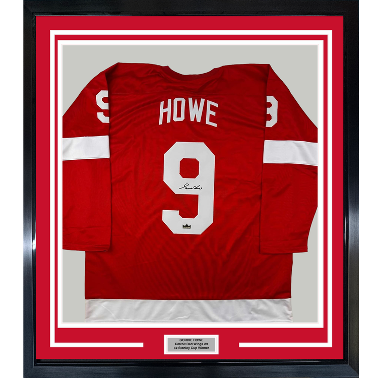 Framed Facsimile Autographed Gordie Howe 35x39 Detroit Red Reprint Laser Auto Hockey Jersey