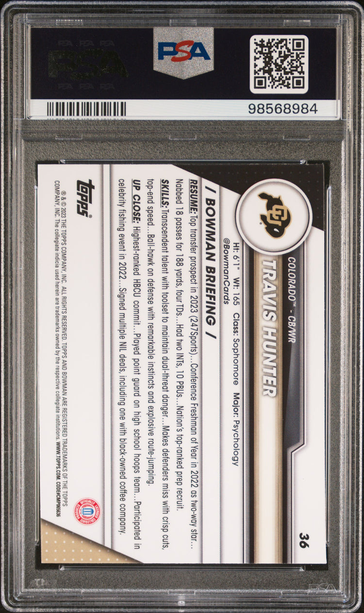Graded 2023 Topps Bowman U Chrome Travis Hunter #36 Pink Rookie RC Football Card PSA 9 Mint