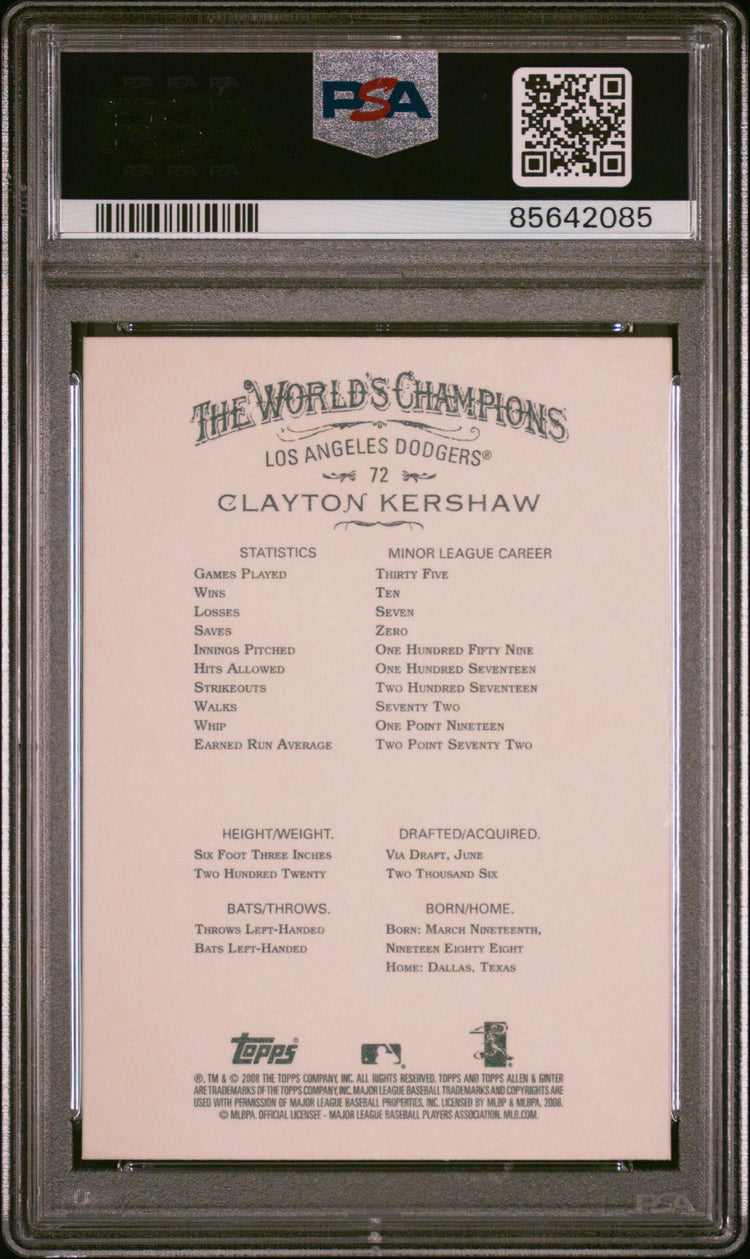 Graded 2008 Topps Allen & Ginter Clayton Kershaw #72 Rookie RC Baseball Card PSA 10 Gem Mint