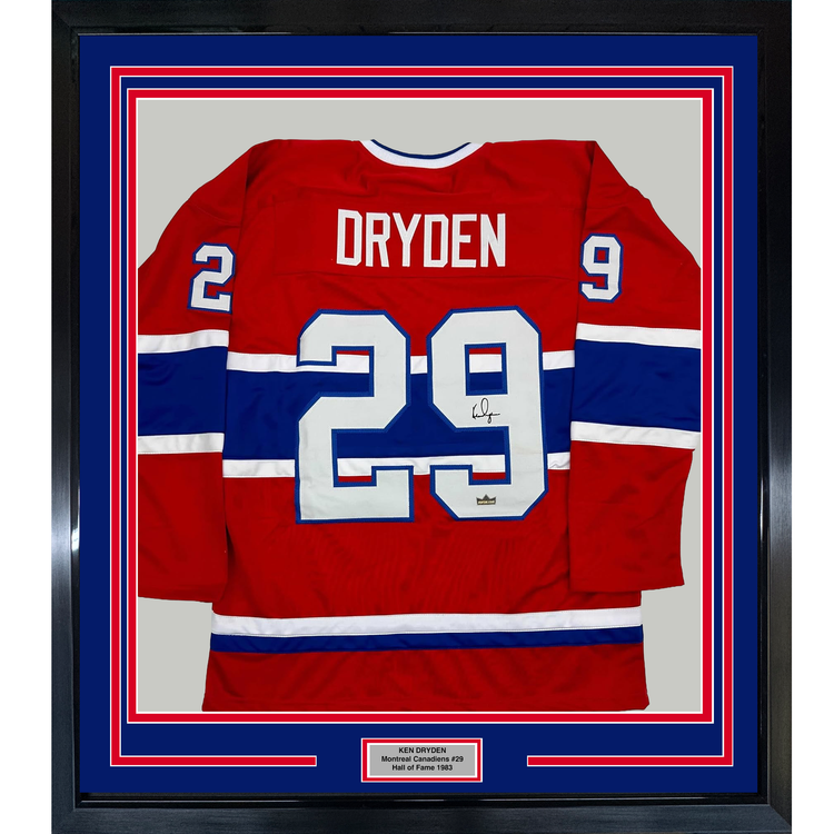Framed Facsimile Autographed Ken Dryden 35x39 Montreal Red Reprint Laser Auto Hockey Jersey