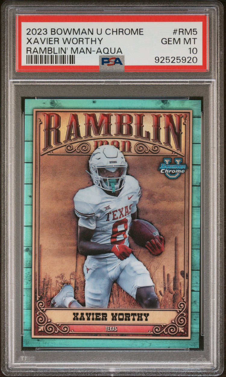 Graded 2023 Topps Bowman University Xavier Worthy #RM5 Ramblin Man Aqua #/150 Rookie RC Football Card PSA 10 Gem Mint