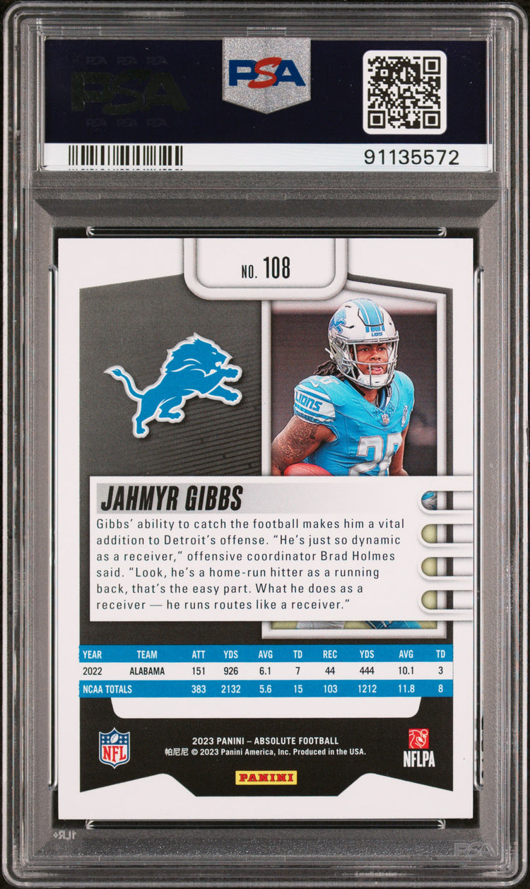 Graded 2023 Panini Absolute Jahmyr Gibbs #108 Rookie RC Football Card PSA 10 Gem Mint