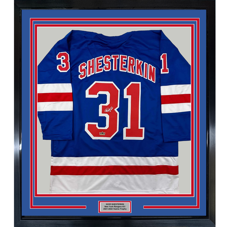 Framed Facsimile Autographed Igor Shesterkin 35x39 New York Blue Reprint Laser Auto Hockey Jersey