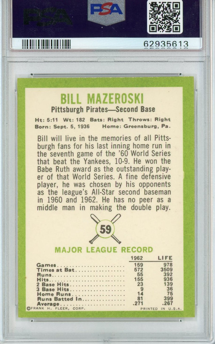 Graded 1963 Fleer Bill Mazeroski #59 Baseball Card PSA 7 Near Mint