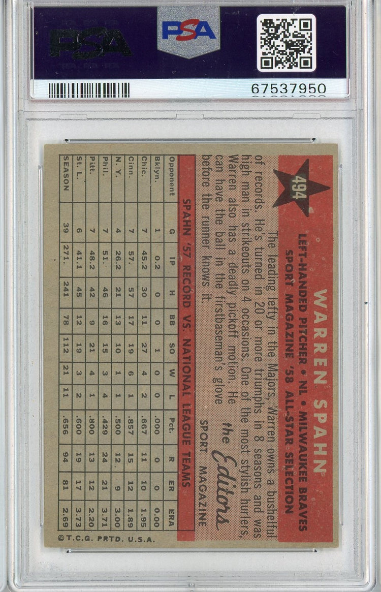Graded 1958 Topps All Star Warren Spahn #494 Baseball Card PSA 5 Excellent